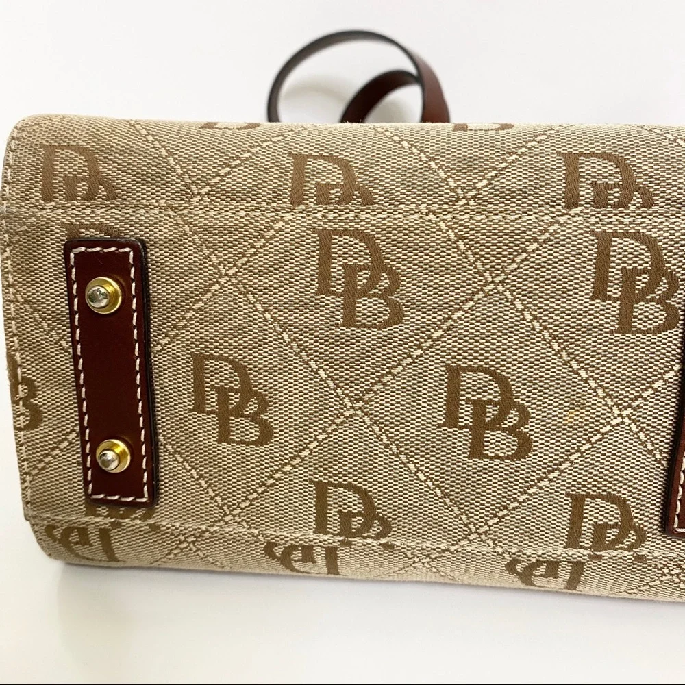 Dooney & Bourke Tan Logo Jacquard Tote with Brown Leather Trim